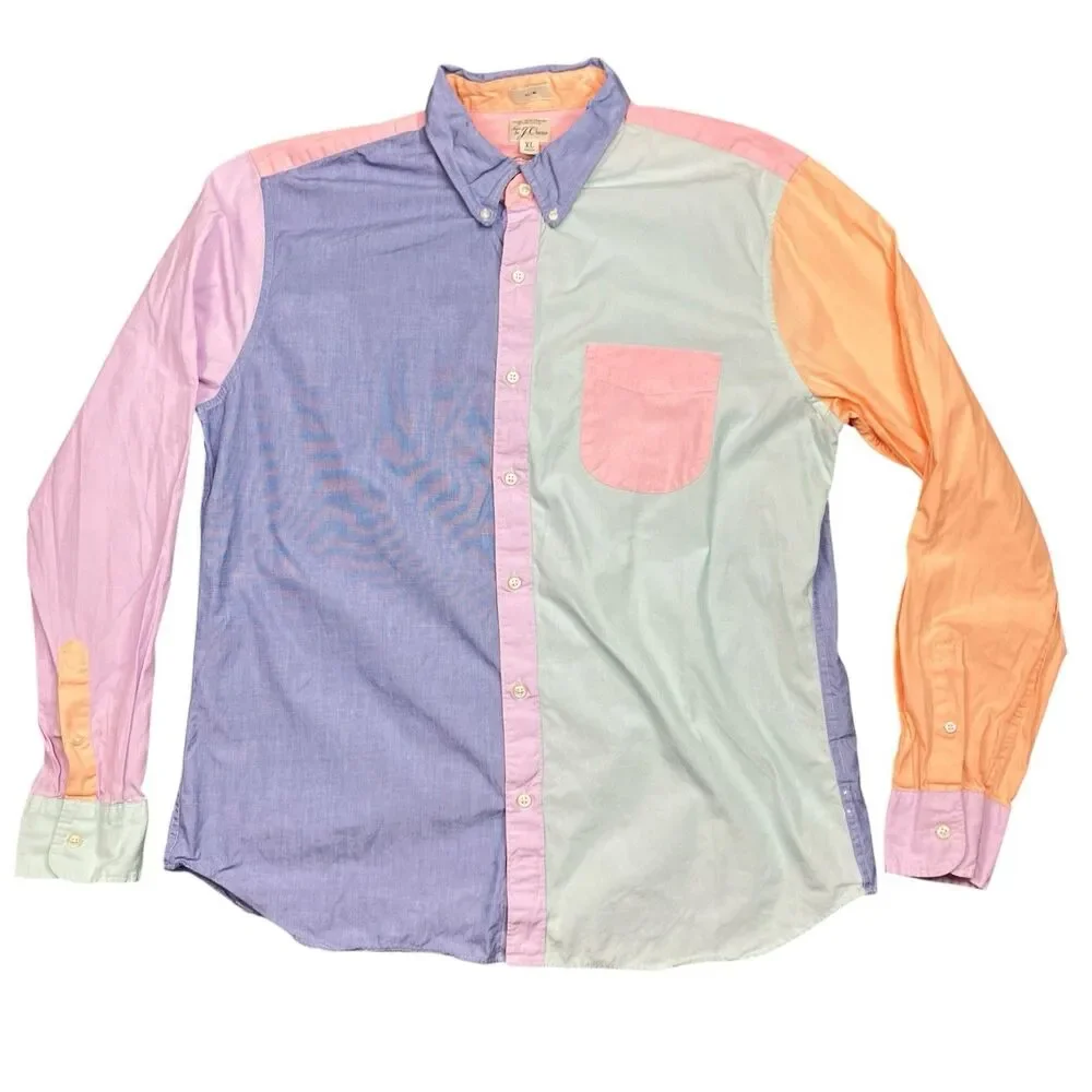J Crew Secret Wash Shirt Mens XL Colorblock Organic Cotton Button Down Coastal‎